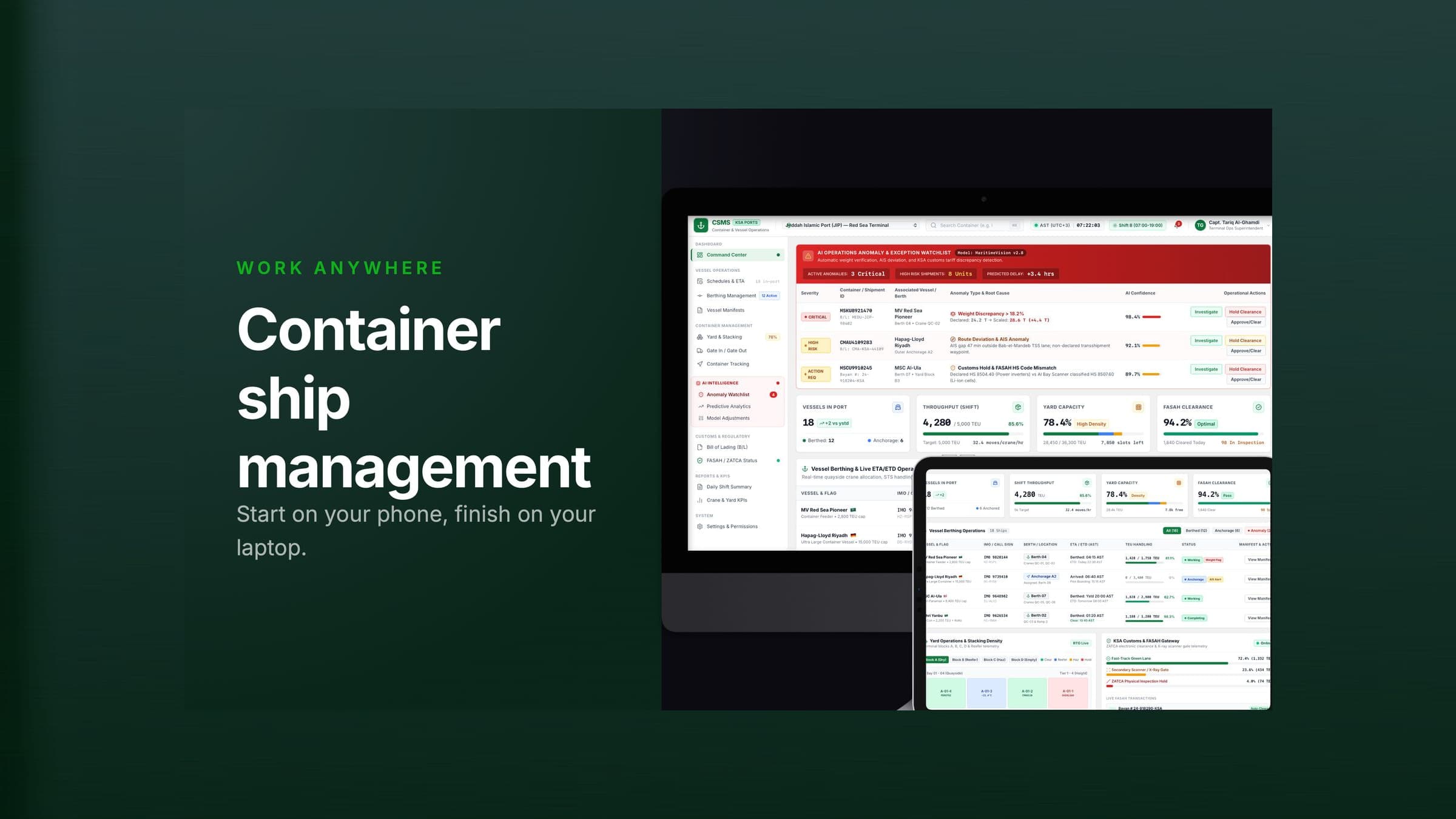 CSMS — the anomaly watchlist and berthing operations, on desktop and tablet